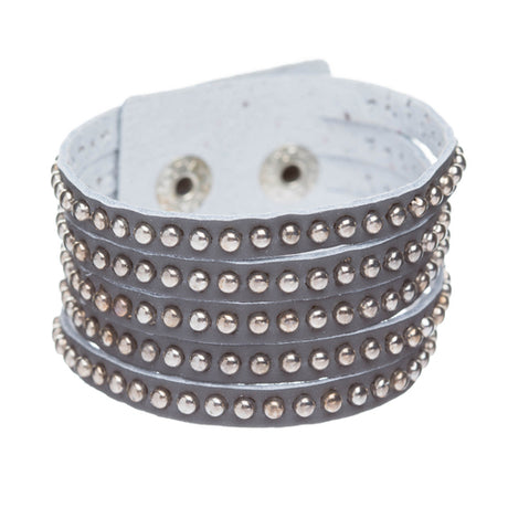 Trendy Metal Studs Style Genuine Leather Fashion Wrap Bracelet Silver Gray