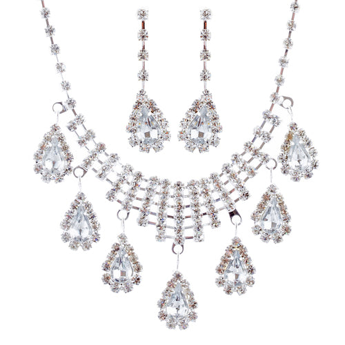 Bridal Wedding Jewelry Set Crystal Rhinestone Dangle Teardrop Necklace Silver - Accessoriesforever