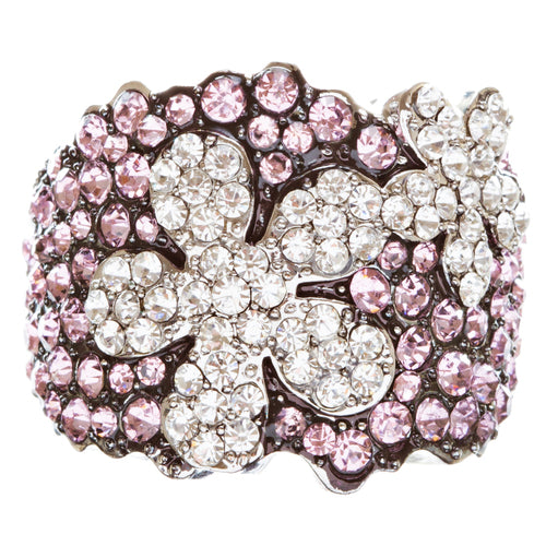 Beautiful Flower Crystal Rhinestone Stretch Adjustable Cocktail Ring Silver Pink