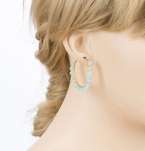 Crystal Wired Handmade Beautiful Fashion Dangle Hoop Earrings Gold Blue