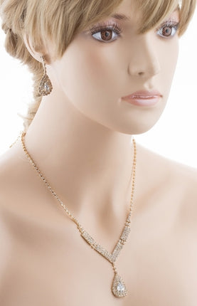 Bridal Wedding Jewelry Set Crystal Rhinestone V Teardrop Necklace Gold - Accessoriesforever