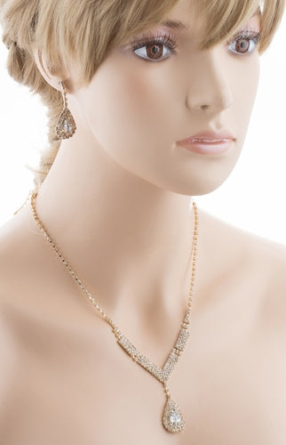 Bridal Wedding Jewelry Set Crystal Rhinestone V Teardrop Necklace Gold - Accessoriesforever