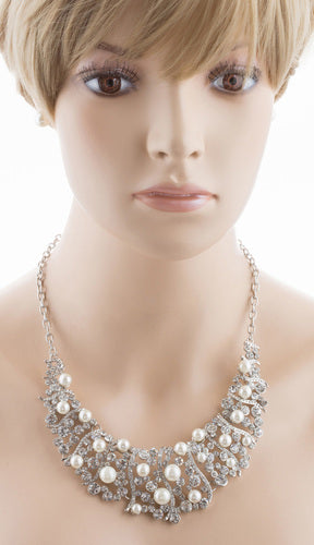 Bridal Wedding Jewelry Set Crystal Rhinestone Pearl Stunning Classy Bib Necklace