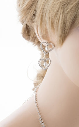 Bridal Wedding Jewelry Set Crystal Rhinestone Pearl Heart Link Necklace SV - Accessoriesforever