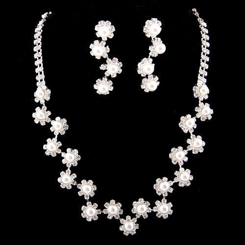 Bridal Wedding Jewelry Set  Necklace Earring Floral Rhinestone Pearls Silver