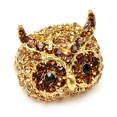 Owl Animal Crystal Rhinestone Stretch Ring Gold Topaz