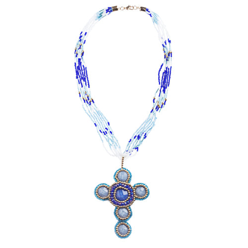 Cross Jewelry Traditional Design Beaded Necklace & Earrings Set JN245 Blue
