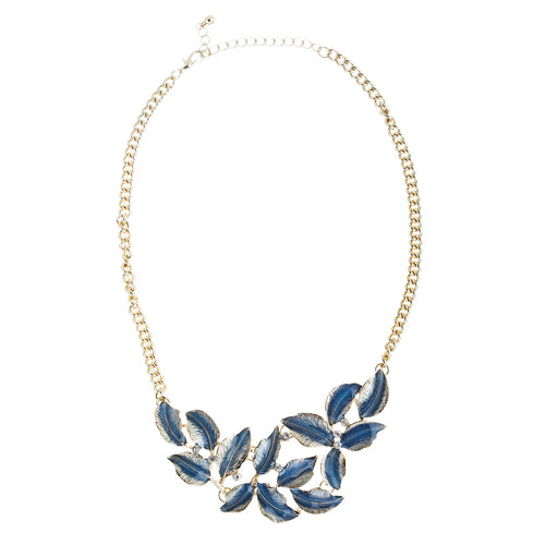 Beautiful Enamel Metal Leaf Design Bib Style Statement Necklace Set Gold Blue