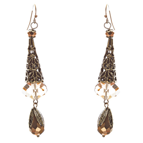 Bold Fashion Crystal Rhinestone Brassy Tear Drop Cone Design Earrings E841 Brown