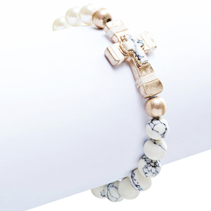 Cross Jewelry Appealing Stone Cross Stretch Link Bracelet B493 Ivory - Accessoriesforever