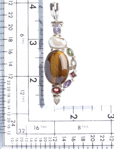925 Sterling Silver Natural Gemstones Tigers Eye Pearl Pendant FJSVP2083