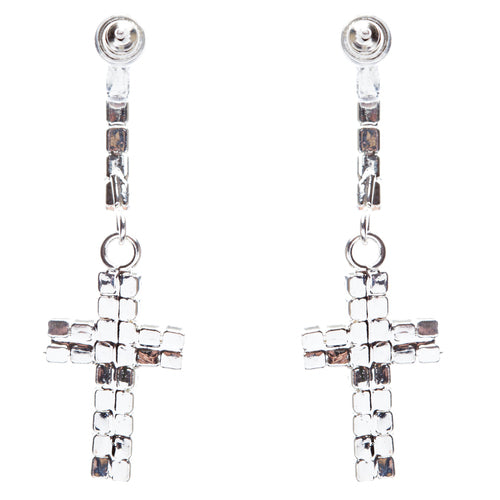 Simple Sparkle Crystal Rhinestone Cross Charm Dangle Fashion Earring E769 Silver - Accessoriesforever