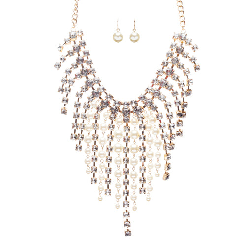 Stunning Gorgeous Bridal Wedding Rhinestone Pearl Bib Statement Necklace Set