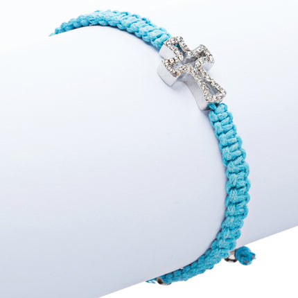 Braided Knot Pave Crystal Cross Charm Adjustable Fashion Bracelet Turquoise - Accessoriesforever