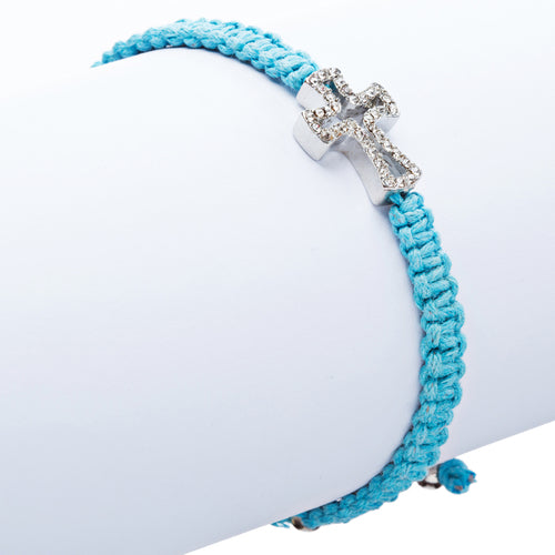 Braided Knot Pave Crystal Cross Charm Adjustable Fashion Bracelet Turquoise