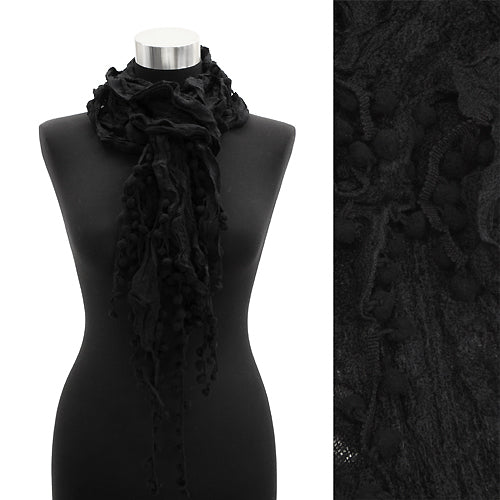 Multi Pompom Drop Ruffle Elastic Scarf Black