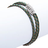 Braided Leather Pave Crystal Magnetic Closure Triple Rows Wrap Bracelet Green