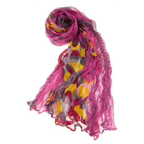 Beautiful Mix Artsy Design Scrunched Lightweight Fashion Scarf Fuschia Pink