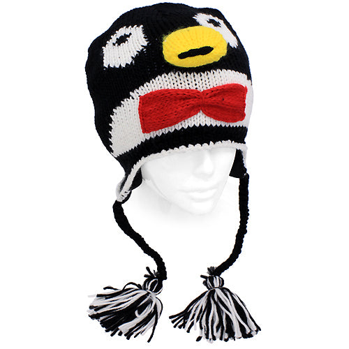 Knitted 3D Animal Trooper Trapper Hat Ear Flaps Braided Tassels Black Penguin - Accessoriesforever