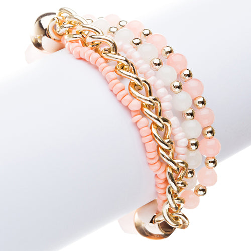 Gorgeous Elegant Classy Multi Strands Mixed Bead Design Stretch Bracelet Peach
