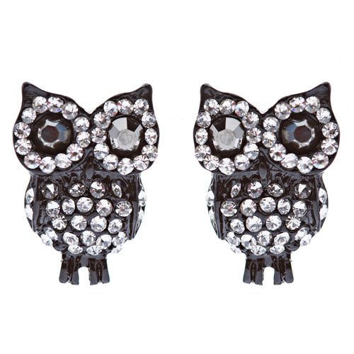 Fashion Adorable Owl Design Crystal Rhinestone Stud Post Earrings Black Clear