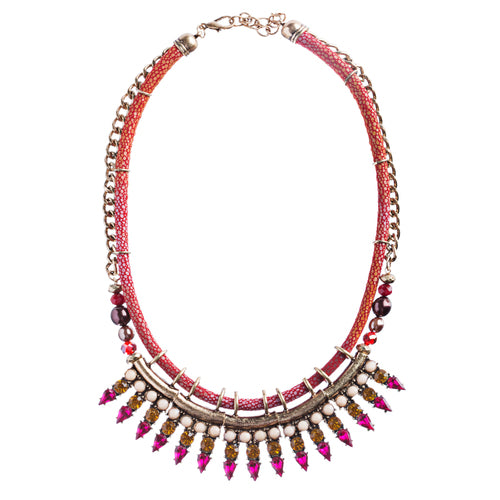 Statement Bib Style Curb Chain Bead Pearl Fabric Antique Gold Necklace Set Red