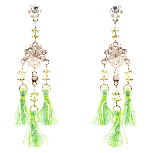 Unconventional Design Crystal Rhinestone Fun Tasseled Dangle Earrings E811 Green - Accessoriesforever