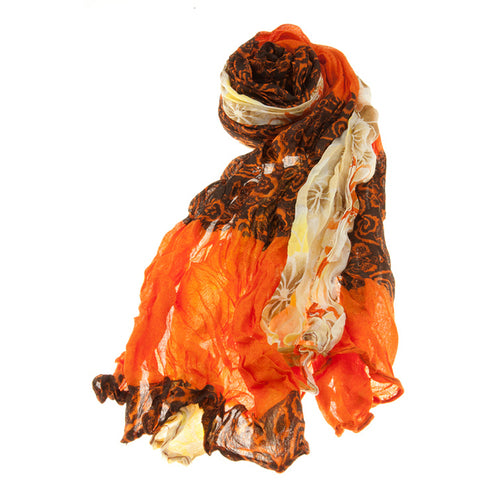 Beautiful Floral Flowers Scrunched Lightweight Fashion Scarf Orange