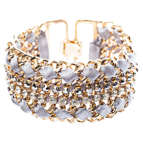 Gorgeous Crystal Rhinestone Fabric Braided Latch Fashion Bracelet B455 Gray