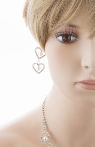 Bridal Wedding Jewelry Set Crystal Rhinestone Pearl Heart Link Necklace SV