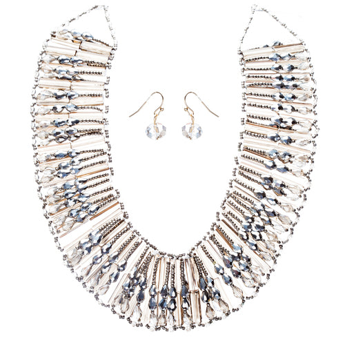 Fashion Chic Ethnic Beaded Bib Design Necklace & Earrings Set JN247 Black