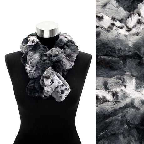 Faux Fur Ruffle Animal Print Scarf Black White