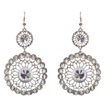 Vintage Crystal Circle Drop Rope Edge Earrings Silver - Accessoriesforever