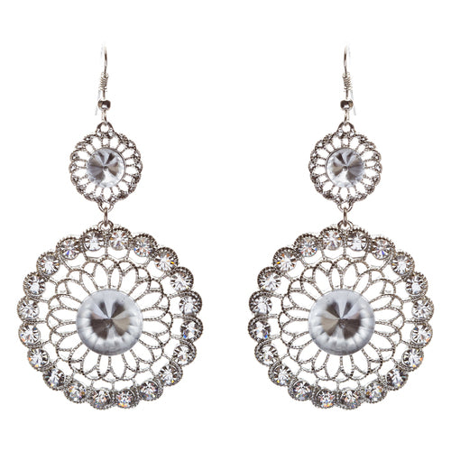 Vintage Crystal Circle Drop Rope Edge Earrings Silver - Accessoriesforever