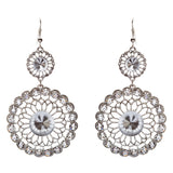 Vintage Crystal Circle Drop Rope Edge Earrings Silver