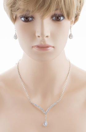 Bridal Wedding Jewelry Set Necklace Earring Crystal Rhinestone LG V Drop Silver - Accessoriesforever
