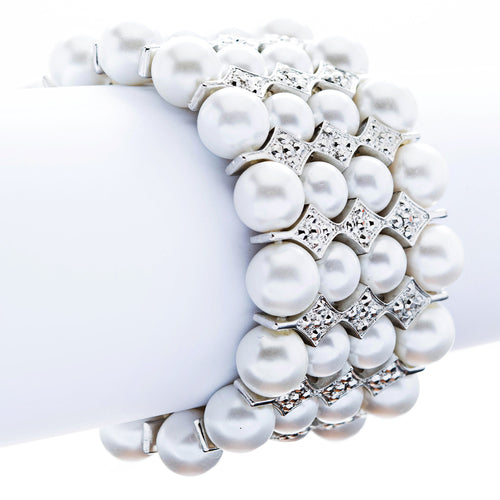 Bridal Wedding Jewelry Stunning 4 Rows Pearl Crystal Stretch Bracelet Silver - Accessoriesforever