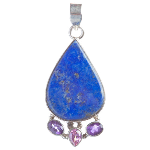 925 Sterling Silver Natural Gemstones Lapis Lazuli Amethyst Pendant FJSVP2087