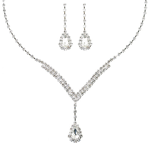 Bridal Wedding Jewelry Set  Necklace Earring Crystal Rhinestone V Drop J738 SV