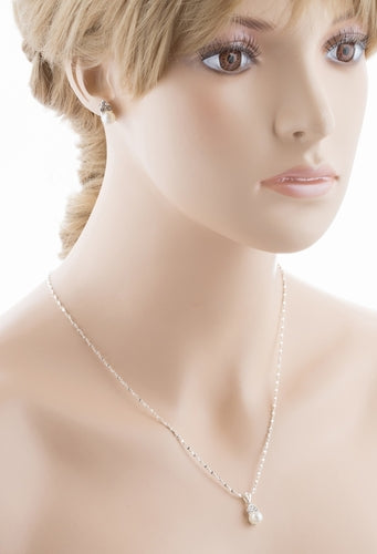 Bridal Wedding Jewelry Set Crystal Rhinestone Pearl Simple Design Silver White