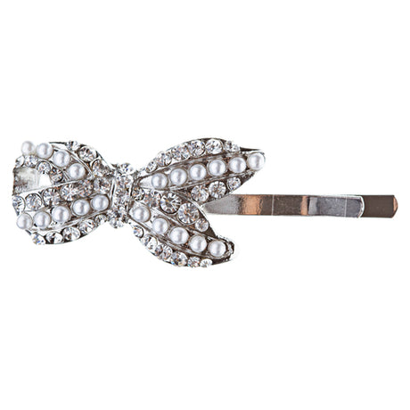 Bridal Wedding Jewelry Crystal Rhinestone Pearl Ribbon Design Hair Pin Silver