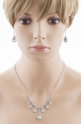 Bridal Wedding Jewelry Set Crystal Rhinestone Dangling Teardrops Silver - Accessoriesforever