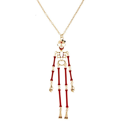 Halloween Costume Jewelry Articulate Skeleton Pendant Necklace N109 Gold Red