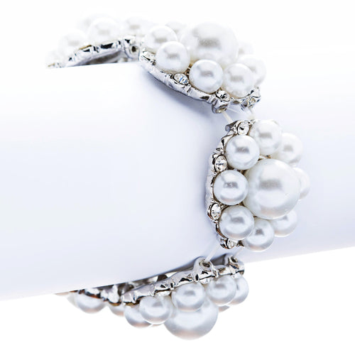 Bridal Wedding Jewelry Gorgeous Crystal Pearl Flower Stretch Bracelet Silver WT - Accessoriesforever