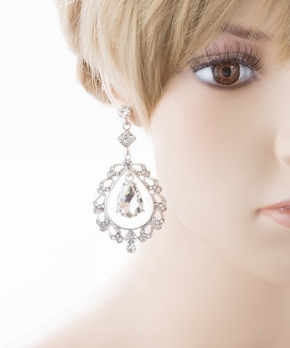 Bridal Wedding Crystal Rhinestone Teardrop Open Dangling Drop Fashion Earrings - Accessoriesforever
