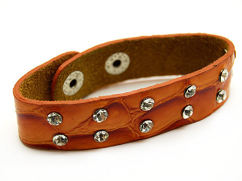 Crystal Studs Faux Alligator Leather Wristband Cuff Bracelet Snap Closure Orange