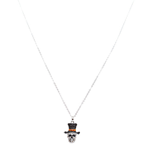 Halloween Costume Jewelry Crystal Rhinestone Dazzle Skull with Hat Necklace - Accessoriesforever