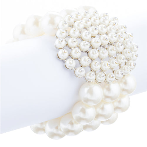 Bridal Wedding Jewelry LG Cluster Crystal Pearls Stretch Bracelet Silver Ivory