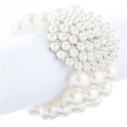 Bridal Wedding Jewelry LG Cluster Crystal Pearls Stretch Bracelet Silver Ivory - Accessoriesforever