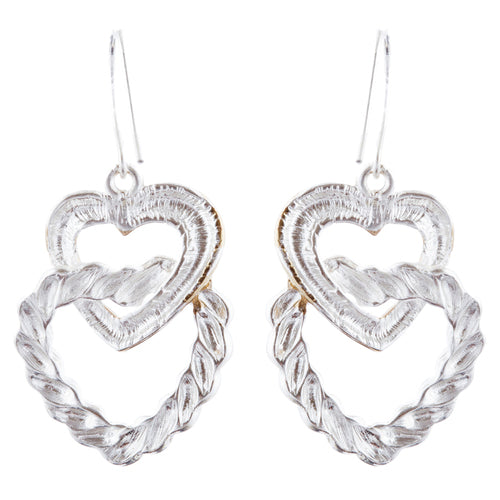 Duo Tone Double Hearts Link Drop Earring Gold Silver